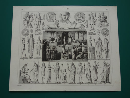 Oude prent over Egyptische Goden 1849 originele antieke illustratie Isis Osiris Anubis in de oudheid Egyptologie geschiedenis prints gravure