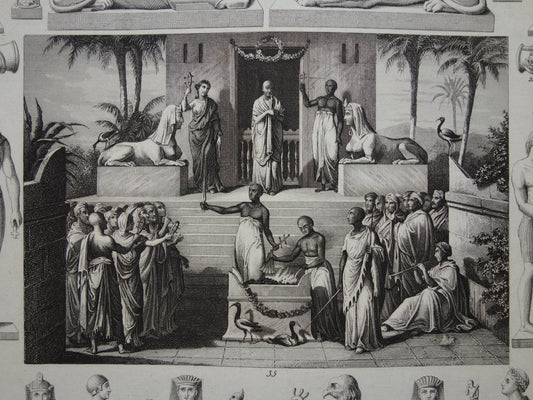 Oude prent over Egyptische Goden 1849 originele antieke illustratie Isis Osiris Anubis in de oudheid Egyptologie geschiedenis prints gravure