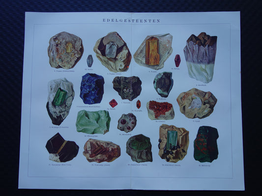 Antieke illustratie edelstenen Smaragd Topaas Toermalijn Oude prent uit 1916 Originele Nederlandse edelsteen print Amethyst