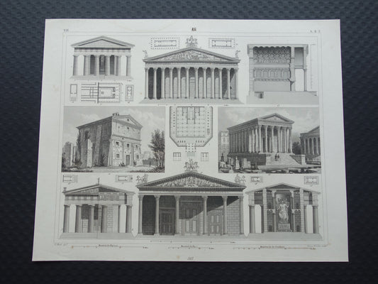 Vintage print van Griekse en Romeinse architectuur Originele antieke illustratie tempels Oude prenten tempel Rome Nîmes