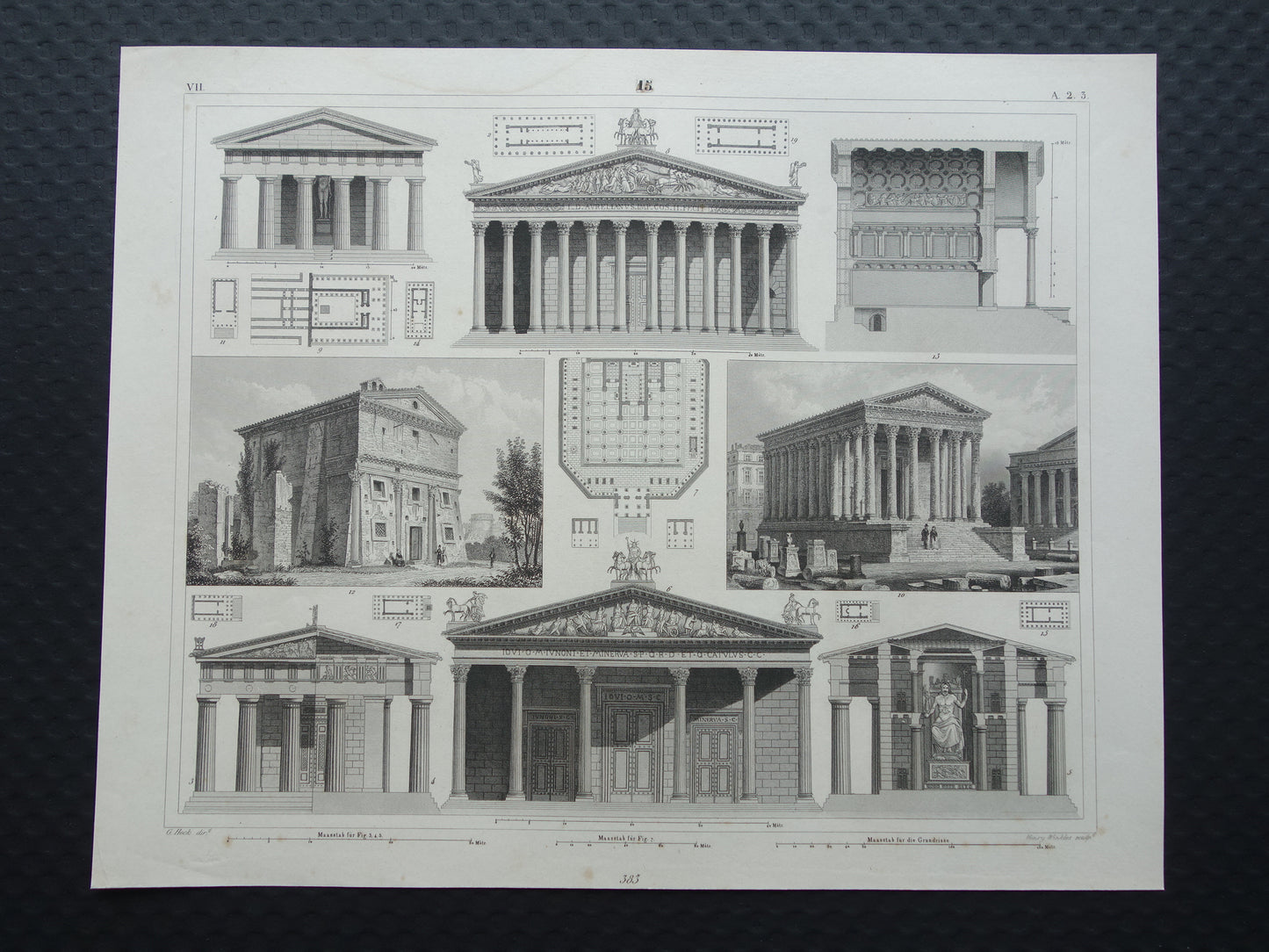 Vintage print van Griekse en Romeinse architectuur Originele antieke illustratie tempels Oude prenten tempel Rome Nîmes