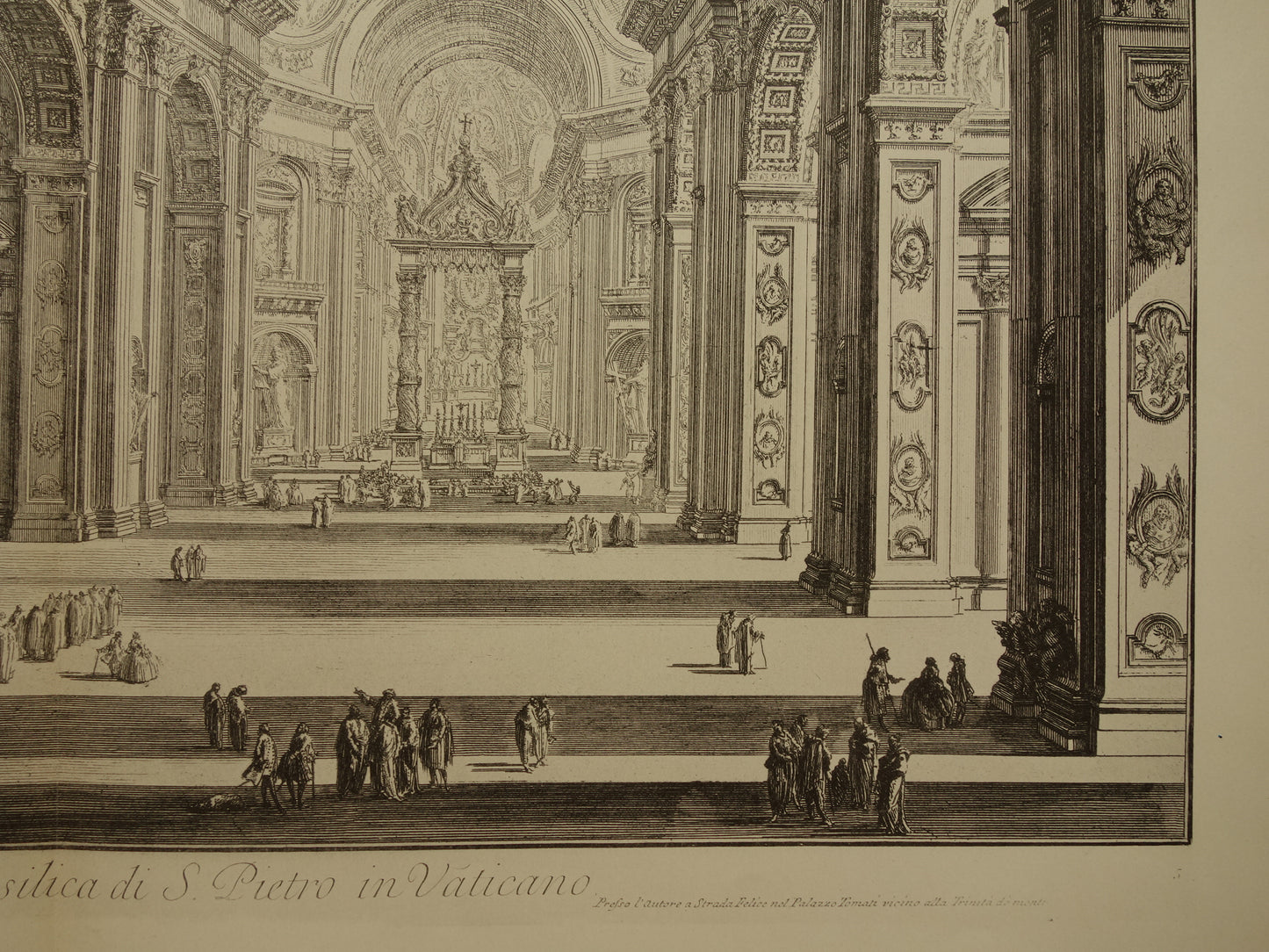 Oude Piranesi prent van Sint-Pietersbasiliek in Rome uit 1886 antieke facsimile Sint-Pieter interieur uit Vedute di Roma
