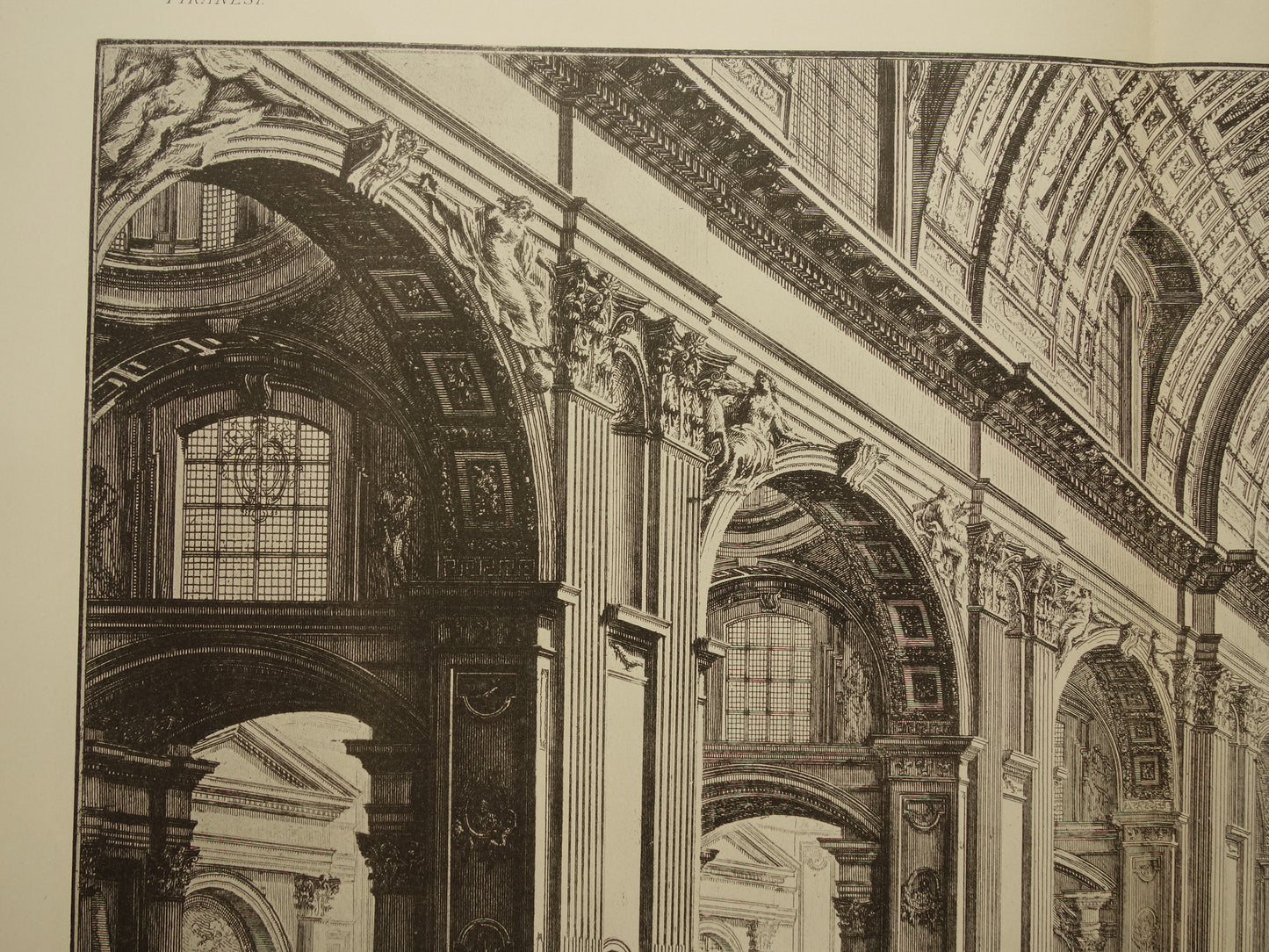 Oude Piranesi prent van Sint-Pietersbasiliek in Rome uit 1886 antieke facsimile Sint-Pieter interieur uit Vedute di Roma