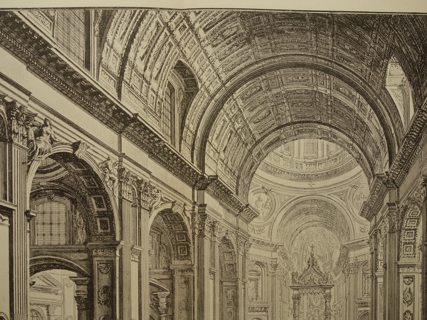 Oude Piranesi prent van Sint-Pietersbasiliek in Rome uit 1886 antieke facsimile Sint-Pieter interieur uit Vedute di Roma