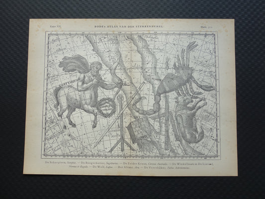 Oude astrologie prent van sterrenbeeld Schorpioen en Boogschutter Antieke sterrenkaart astronomie sterrenbeelden vintage print