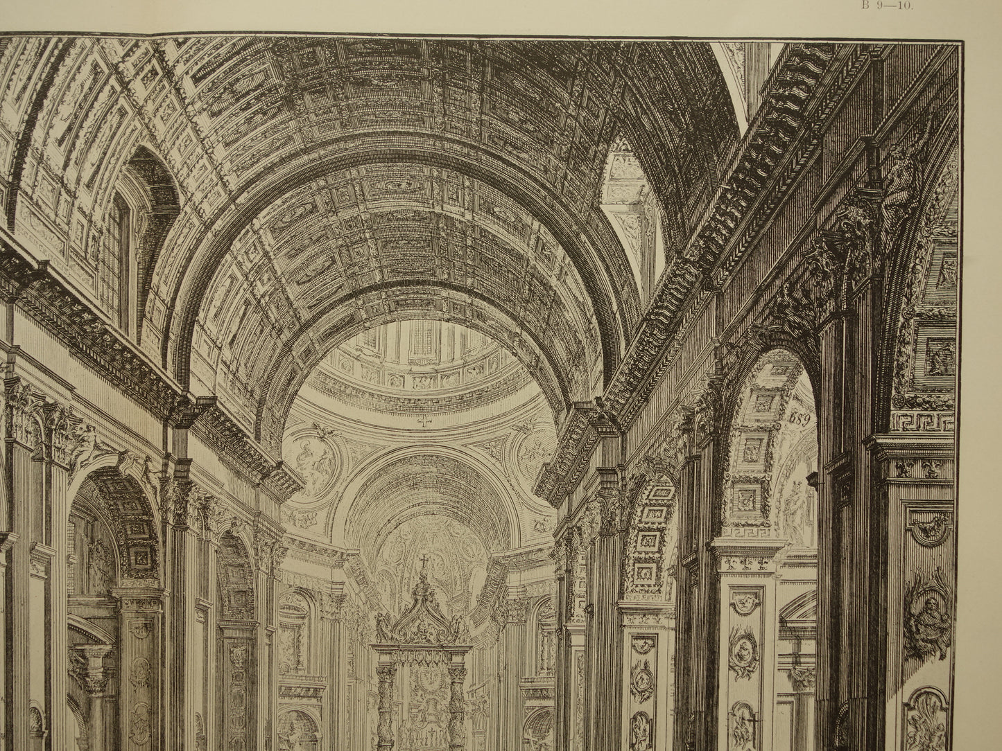 Oude Piranesi prent van Sint-Pietersbasiliek in Rome uit 1886 antieke facsimile Sint-Pieter interieur uit Vedute di Roma