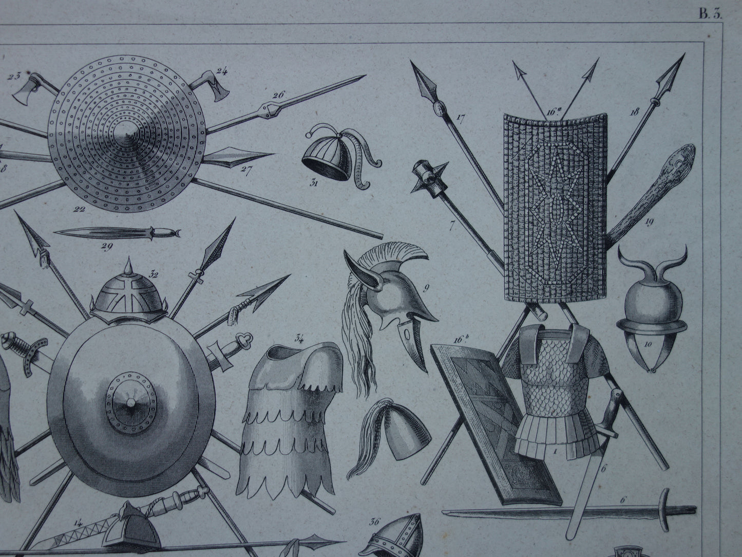 Oude prent Wapens uit de Middeleeuwen 1849 originele antieke illustratie speren schilden Galliërs Angelsaksen helmen zadels Vintage militaire prints