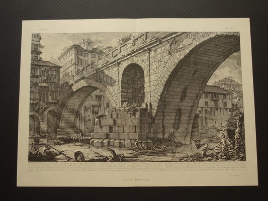 Oude prent van De Pons Fabricius / Brug van F. Rome uit 1886 antieke facsimile Piranesi uit Vedute di Roma vintage print poster