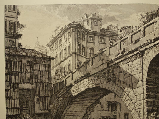 Oude prent van De Pons Fabricius / Brug van F. Rome uit 1886 antieke facsimile Piranesi uit Vedute di Roma vintage print poster