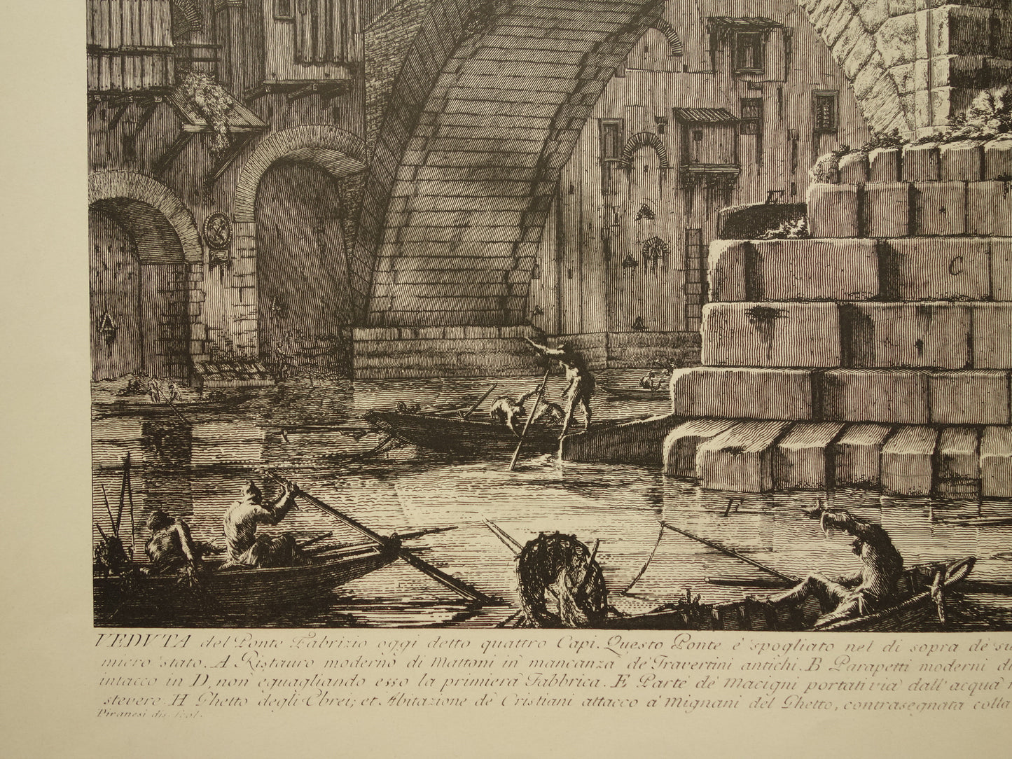 Oude prent van De Pons Fabricius / Brug van F. Rome uit 1886 antieke facsimile Piranesi uit Vedute di Roma vintage print poster