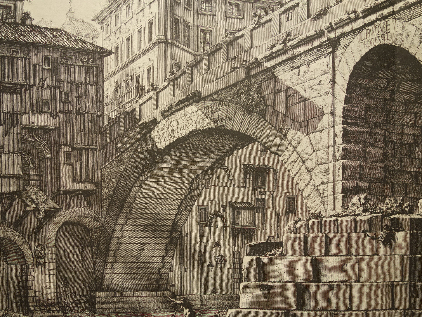Oude prent van De Pons Fabricius / Brug van F. Rome uit 1886 antieke facsimile Piranesi uit Vedute di Roma vintage print poster