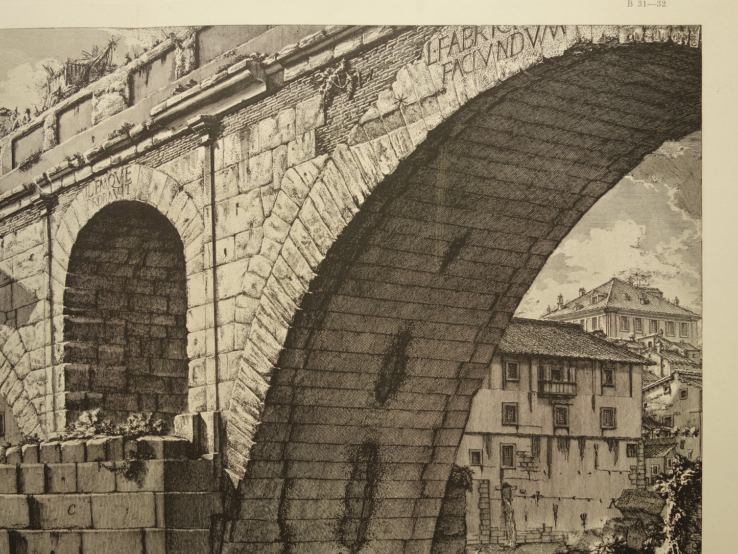 Oude prent van De Pons Fabricius / Brug van F. Rome uit 1886 antieke facsimile Piranesi uit Vedute di Roma vintage print poster