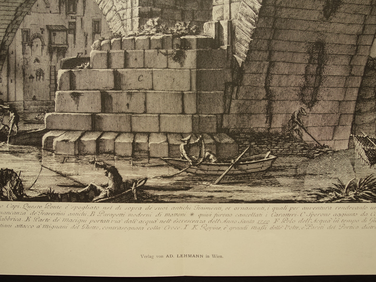 Oude prent van De Pons Fabricius / Brug van F. Rome uit 1886 antieke facsimile Piranesi uit Vedute di Roma vintage print poster