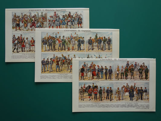 UNIFORMEN Set van 3 oude prenten van Leger Uniformen originele antieke illustratie vintage afbeelding prints