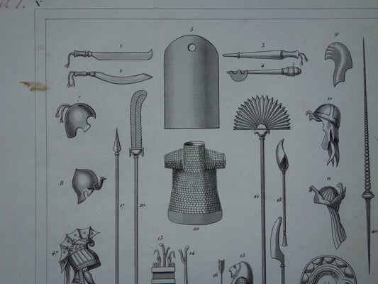 Old print Weapons from Classical Antiquity 1849 original antique illustration Egyptian shields helmet swords Vintage military prints