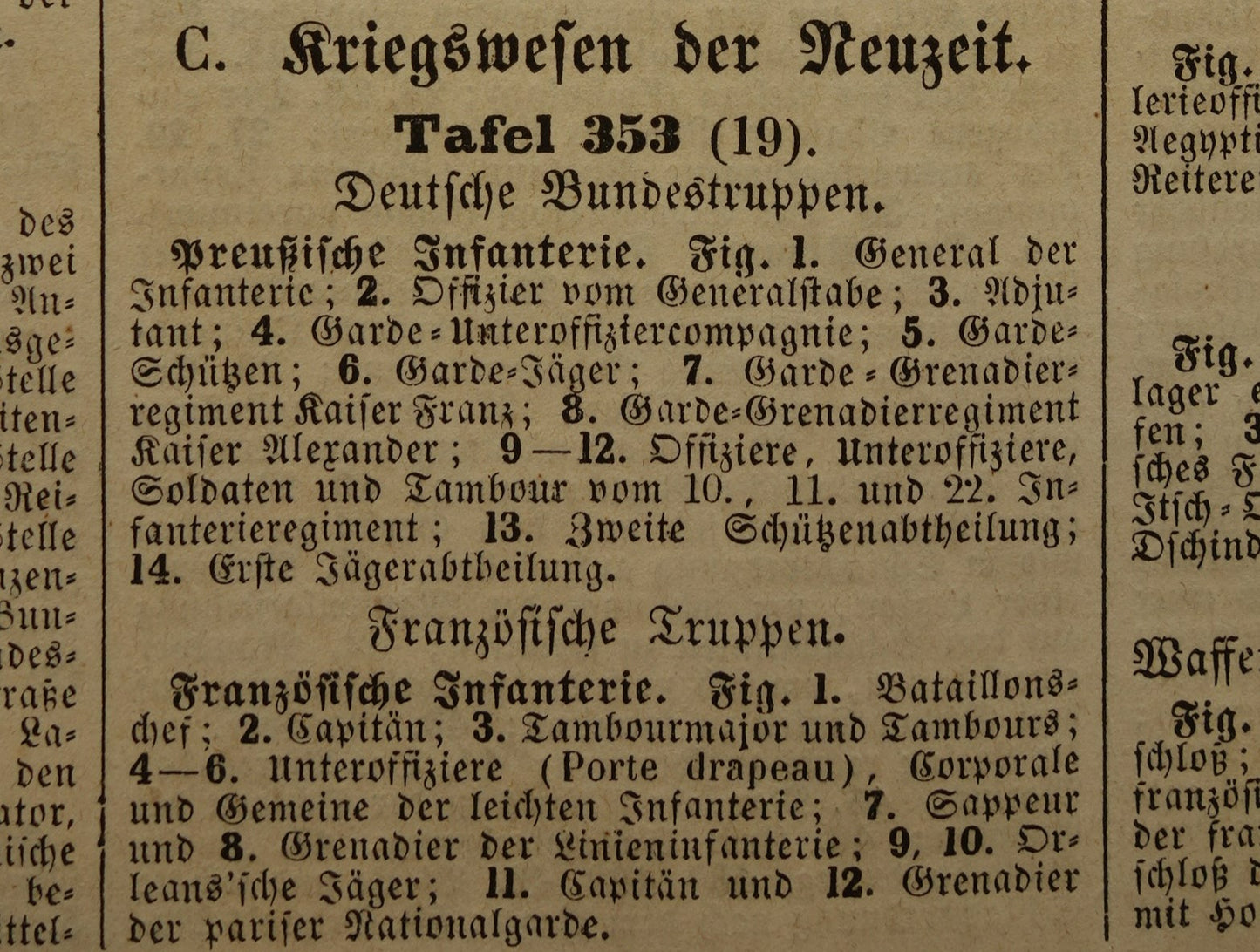 antieke gravure Duitse en Franse Infanterie mid 19e eeuw - oude militaire illustratie - vintage afbeelding uniformen leger Frankrijk Duitsland print