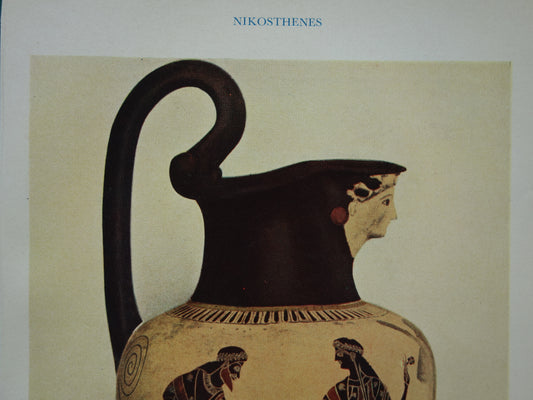Oinochoe Nikosthenes oude prent uit 1937 illustratie van Griekse vaas originele Nederlandse vintage print