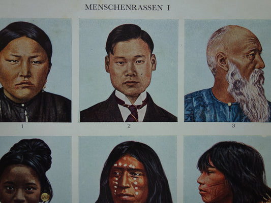 Kleine oude prent van verschillende volken 1937 Vintage llustratie Antropologie Etnologie Etnografie Volkeren