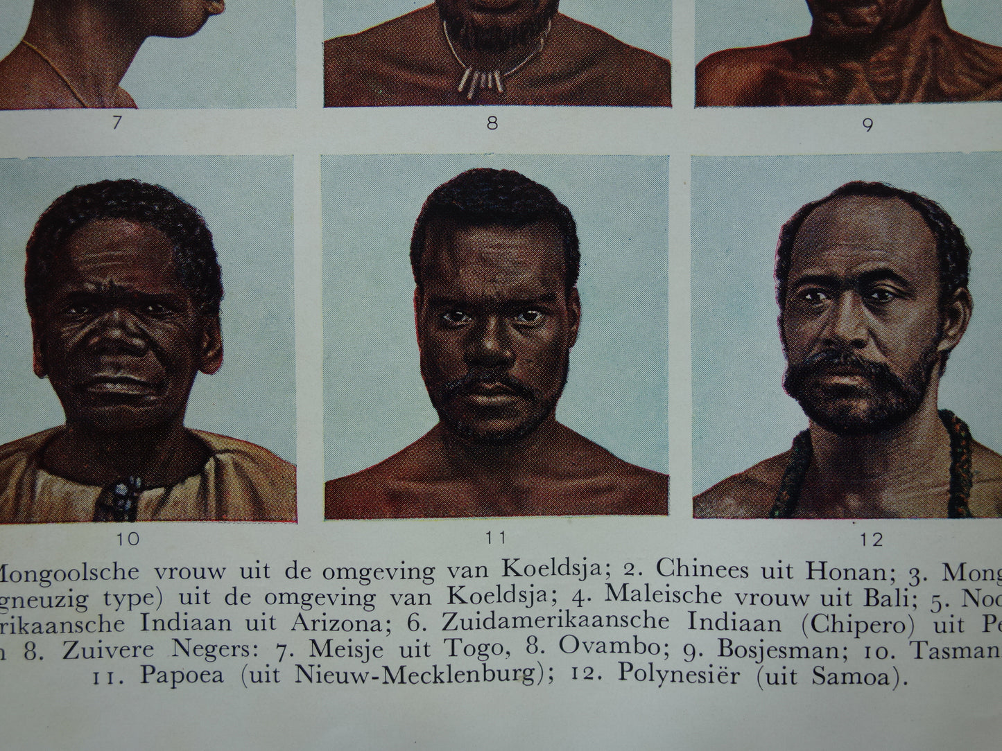 Kleine oude prent van verschillende volken 1937 Vintage llustratie Antropologie Etnologie Etnografie Volkeren
