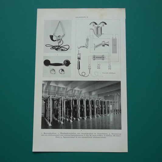 TELEFOON vintage illustratie over techniek van Telefoon 1938 originele oude Nederlandse prent