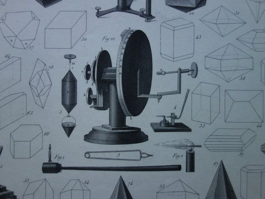 Oude prent Edelstenen Kristallen Slijpen 1849 originele antieke print kristalstructuren edelsteen vormen vintage illustratie