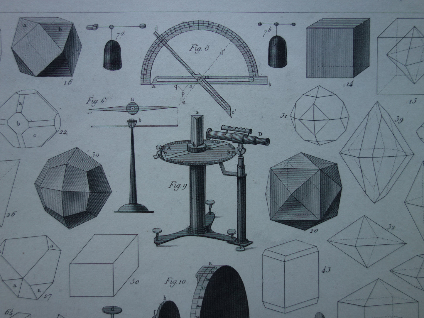 Oude prent Edelstenen Kristallen Slijpen 1849 originele antieke print kristalstructuren edelsteen vormen vintage illustratie