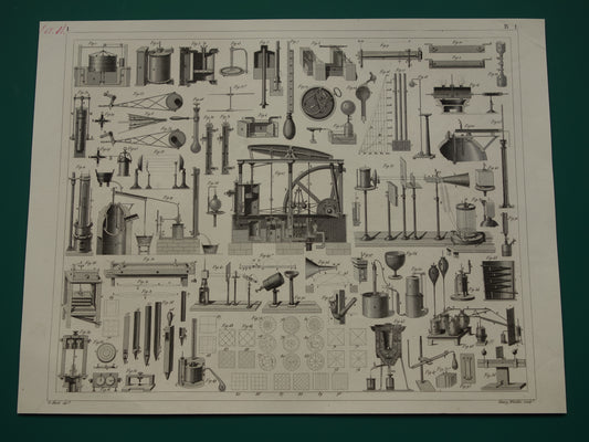 Oude technologie print antieke poster illustratie wetenschappelijke instrumenten laboratorium natuurkunde gas vloeistof thermodynamica pompen pneumatiek