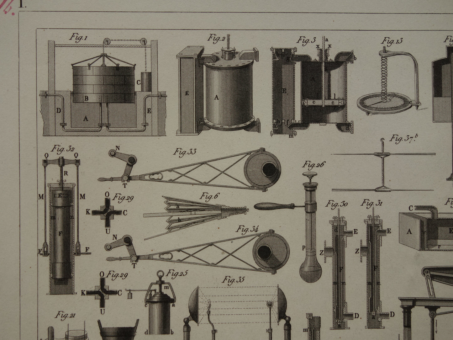 Oude technologie print antieke poster illustratie wetenschappelijke instrumenten laboratorium natuurkunde gas vloeistof thermodynamica pompen pneumatiek
