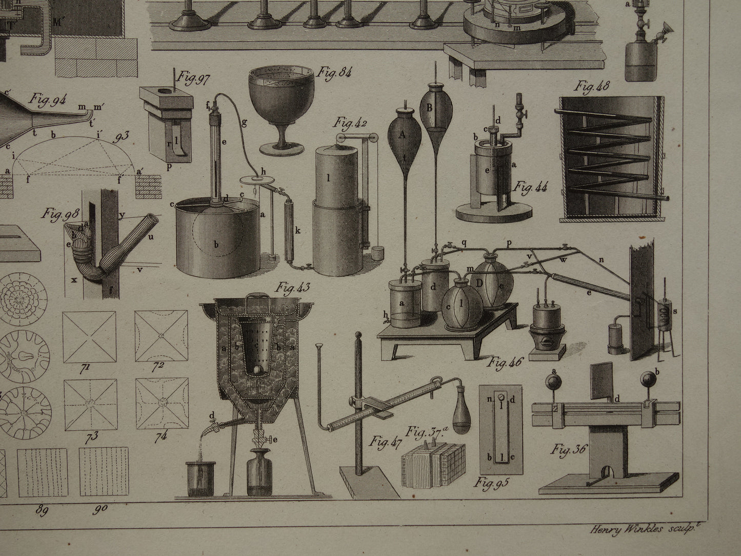 Oude technologie print antieke poster illustratie wetenschappelijke instrumenten laboratorium natuurkunde gas vloeistof thermodynamica pompen pneumatiek