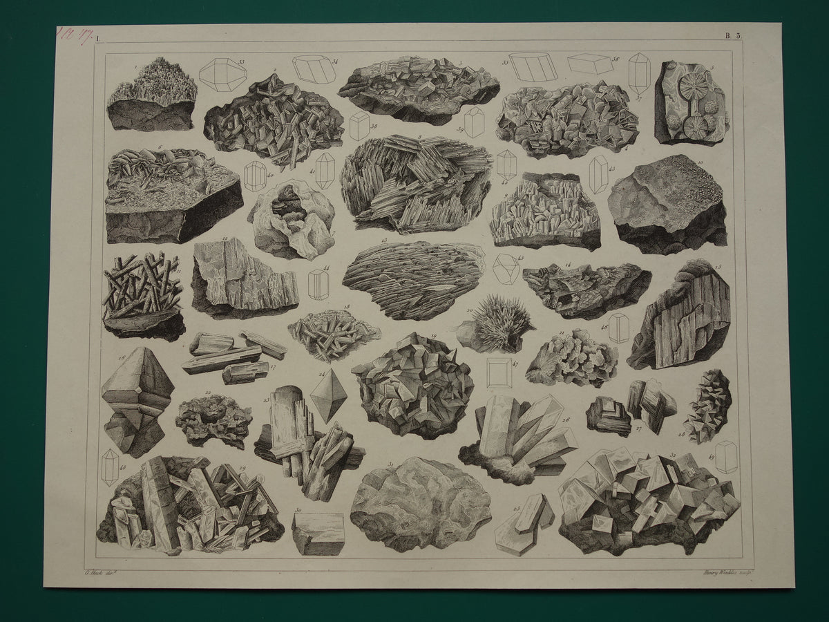 Oude prent Edelstenen en Mineralen 1849 originele antieke print kristallen kristalstructuren edelsteen vormen vintage illustratie