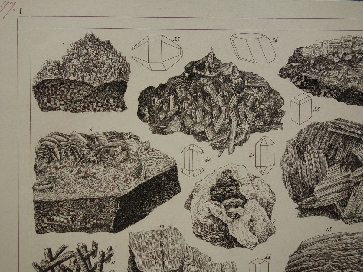 Oude prent Edelstenen en Mineralen 1849 originele antieke print kristallen kristalstructuren edelsteen vormen vintage illustratie