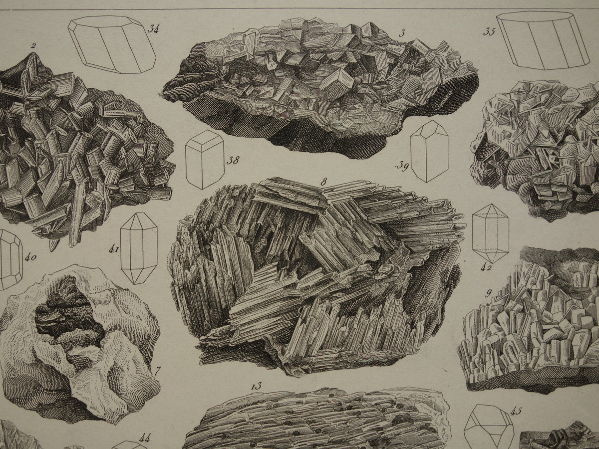 Oude prent Edelstenen en Mineralen 1849 originele antieke print kristallen kristalstructuren edelsteen vormen vintage illustratie