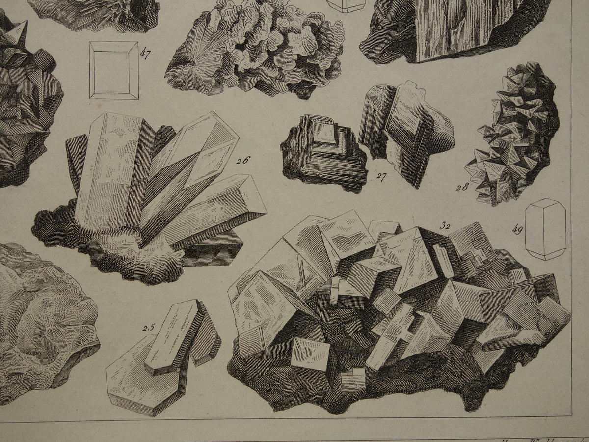 Oude prent Edelstenen en Mineralen 1849 originele antieke print kristallen kristalstructuren edelsteen vormen vintage illustratie