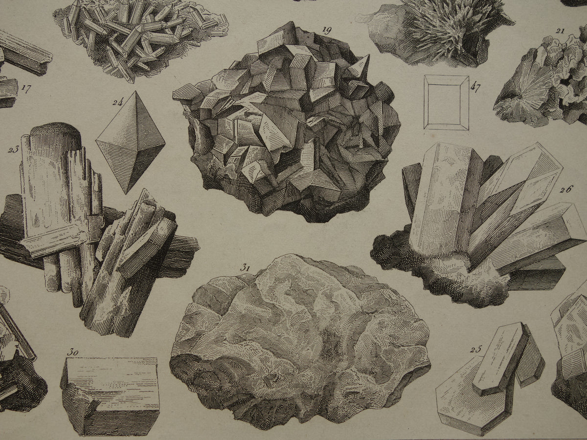 Oude prent Edelstenen en Mineralen 1849 originele antieke print kristallen kristalstructuren edelsteen vormen vintage illustratie