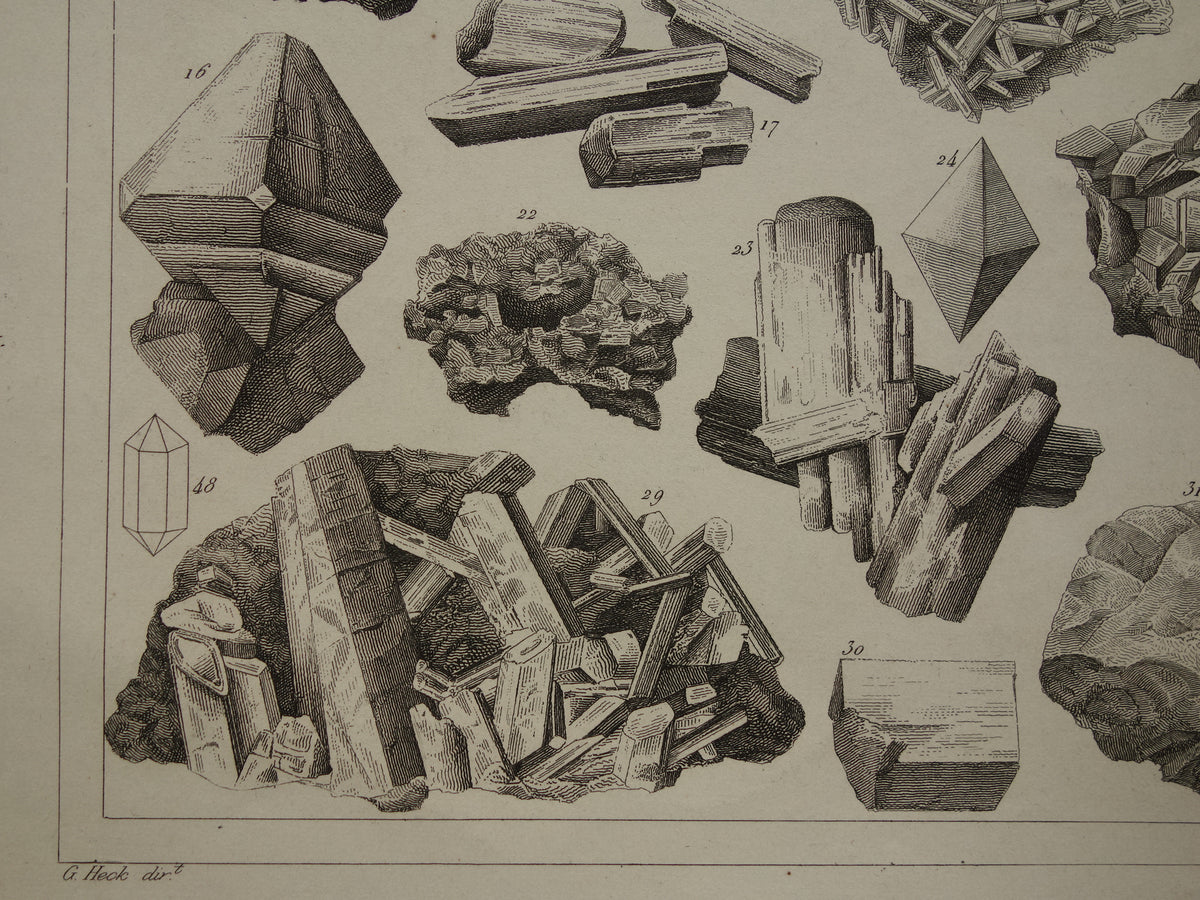 Oude prent Edelstenen en Mineralen 1849 originele antieke print kristallen kristalstructuren edelsteen vormen vintage illustratie