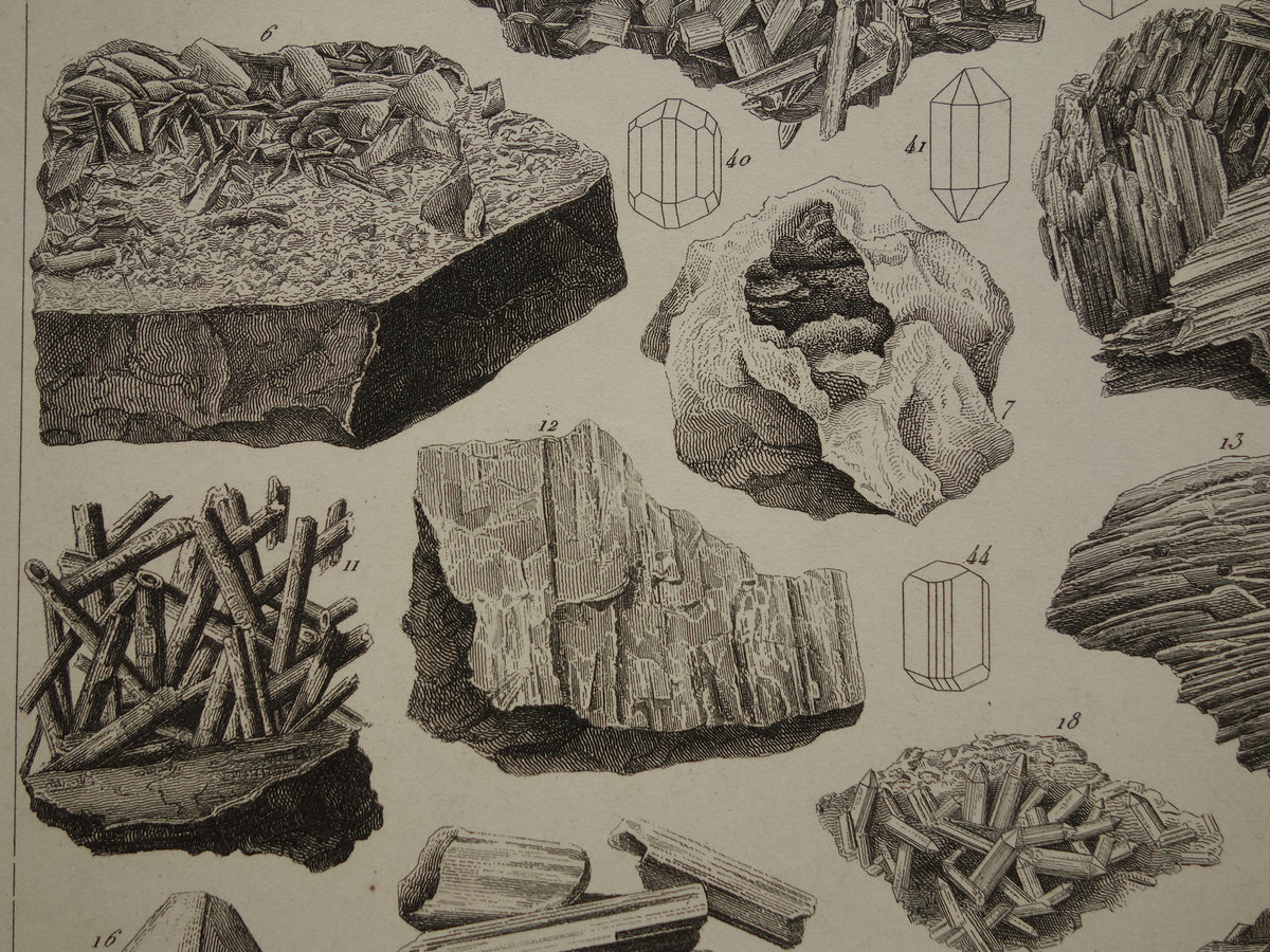 Oude prent Edelstenen en Mineralen 1849 originele antieke print kristallen kristalstructuren edelsteen vormen vintage illustratie