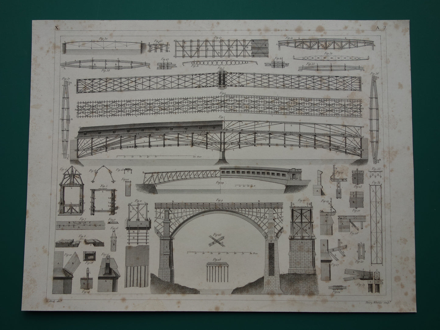 BRUGGEN Oude architectuur prent 1849 antieke print houten brug bouwkunde bruggenbouw vintage prints
