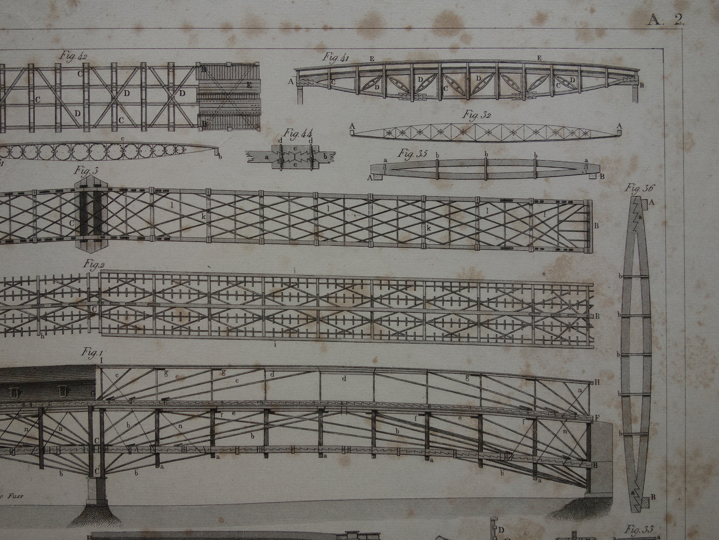 BRUGGEN Oude architectuur prent 1849 antieke print houten brug bouwkunde bruggenbouw vintage prints