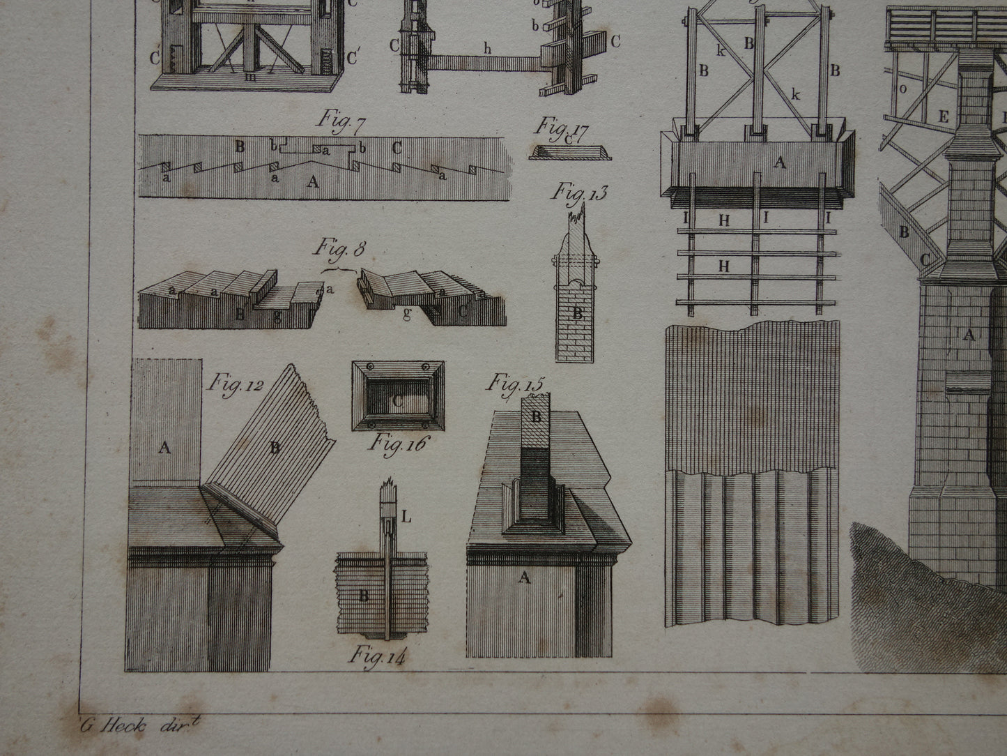 BRUGGEN Oude architectuur prent 1849 antieke print houten brug bouwkunde bruggenbouw vintage prints