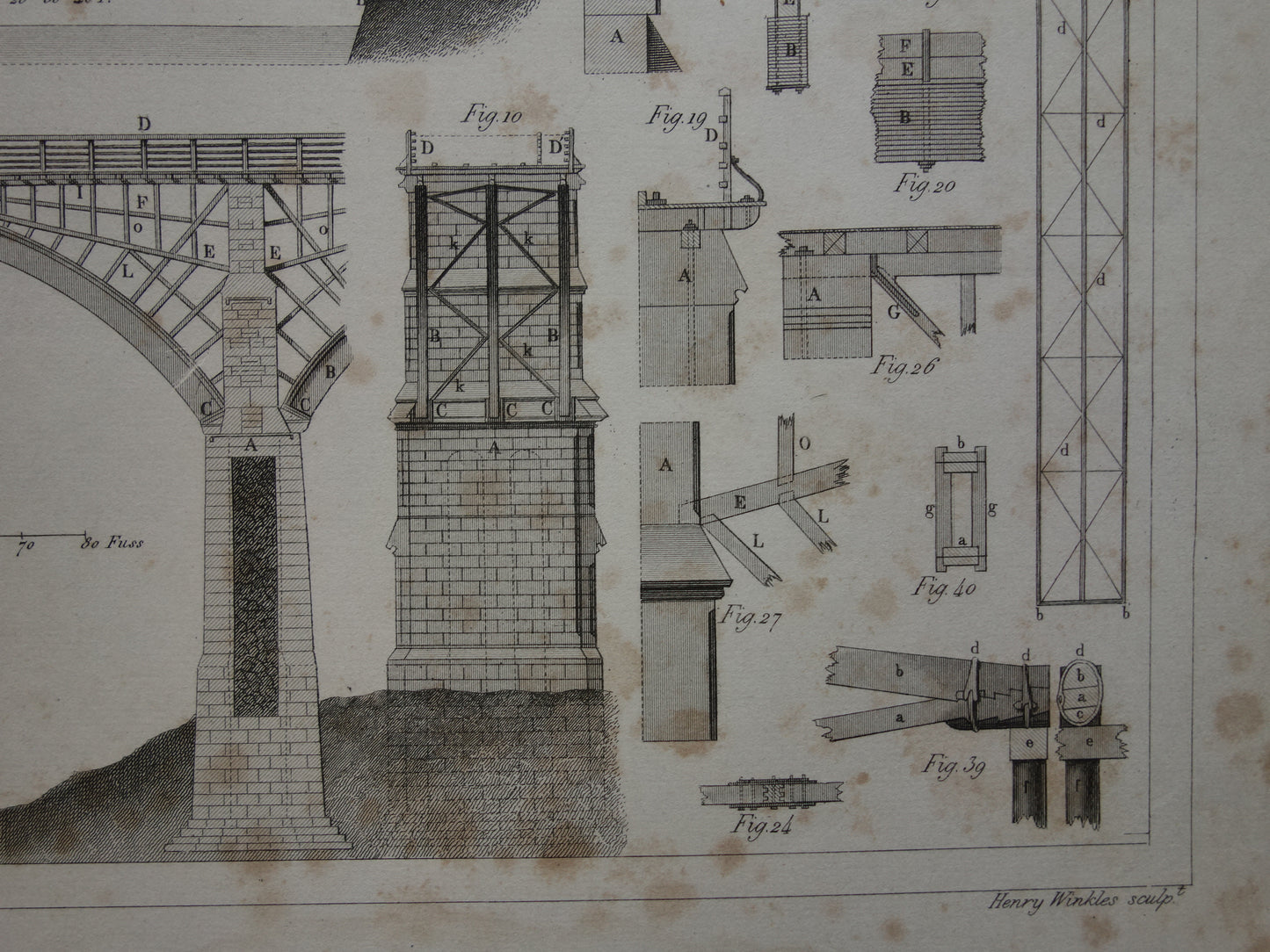 BRUGGEN Oude architectuur prent 1849 antieke print houten brug bouwkunde bruggenbouw vintage prints