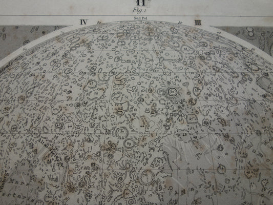 Oude astronomie prent van de maan Originele antieke illustratie maanoppervlak vintage prints