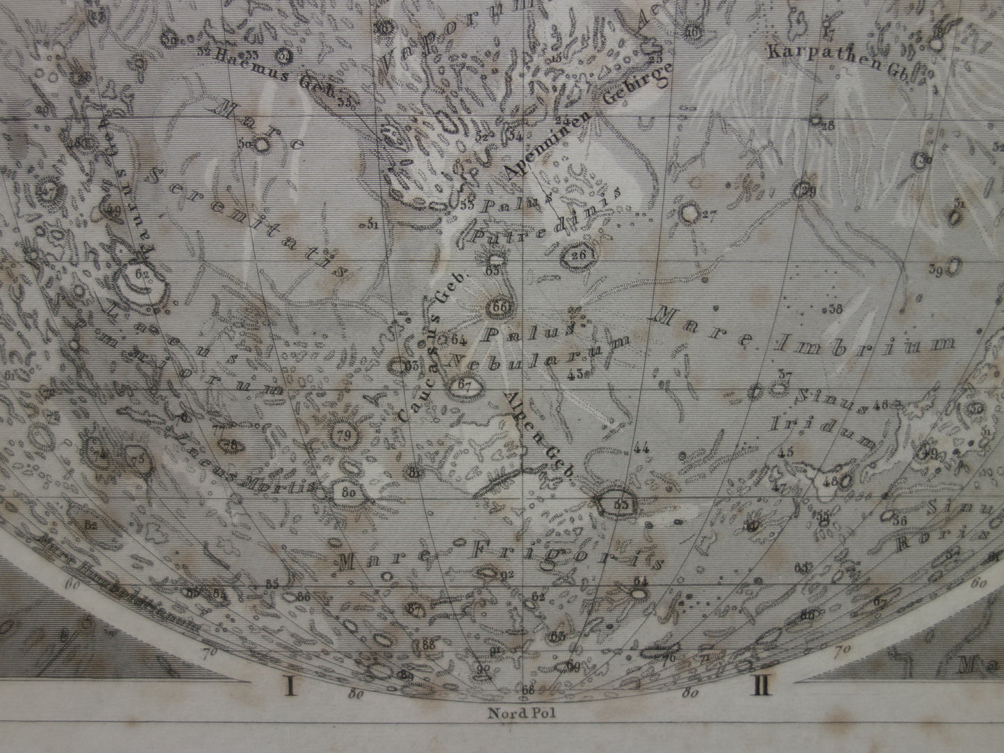 Oude astronomie prent van de maan Originele antieke illustratie maanoppervlak vintage prints