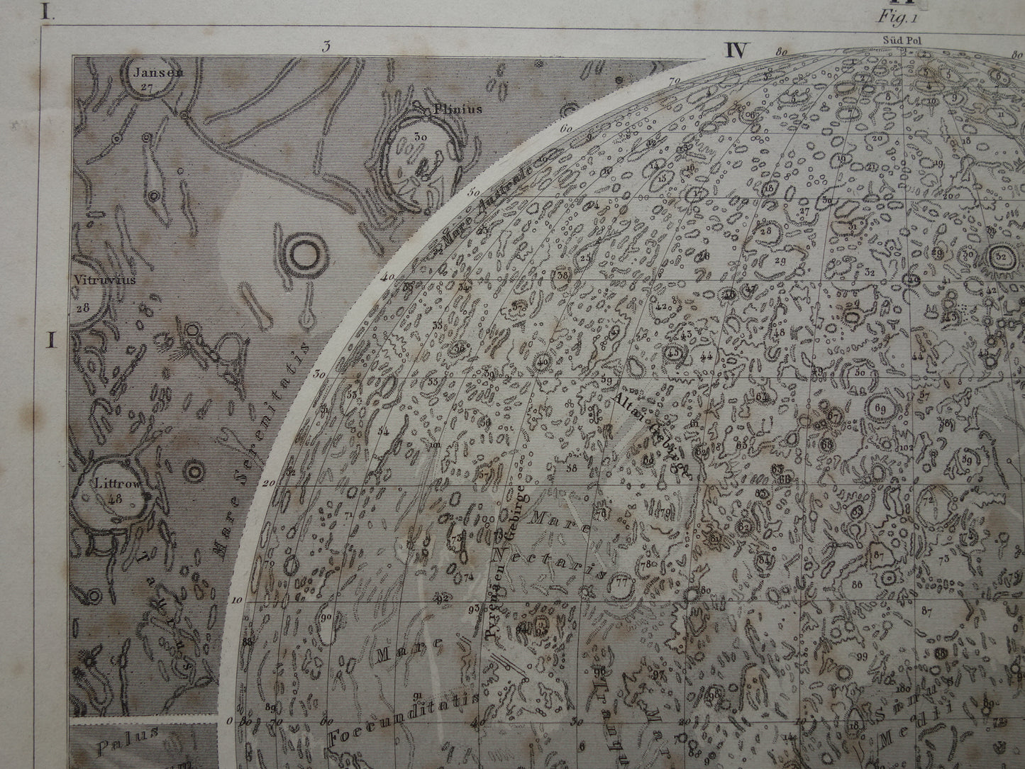 Oude astronomie prent van de maan Originele antieke illustratie maanoppervlak vintage prints