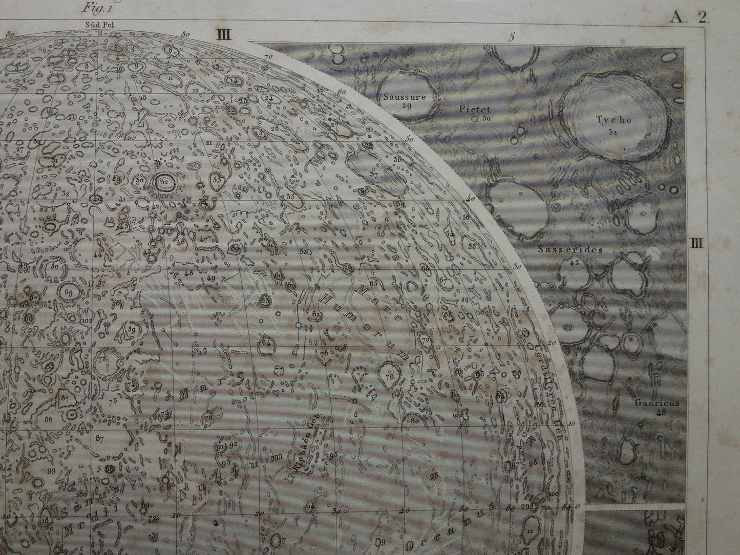 Oude astronomie prent van de maan Originele antieke illustratie maanoppervlak vintage prints