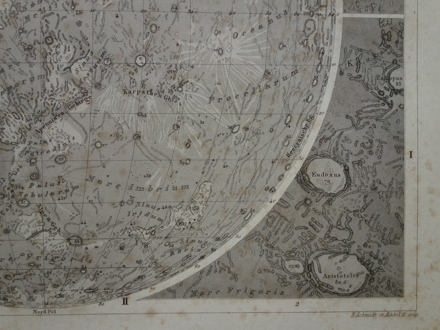 Oude astronomie prent van de maan Originele antieke illustratie maanoppervlak vintage prints