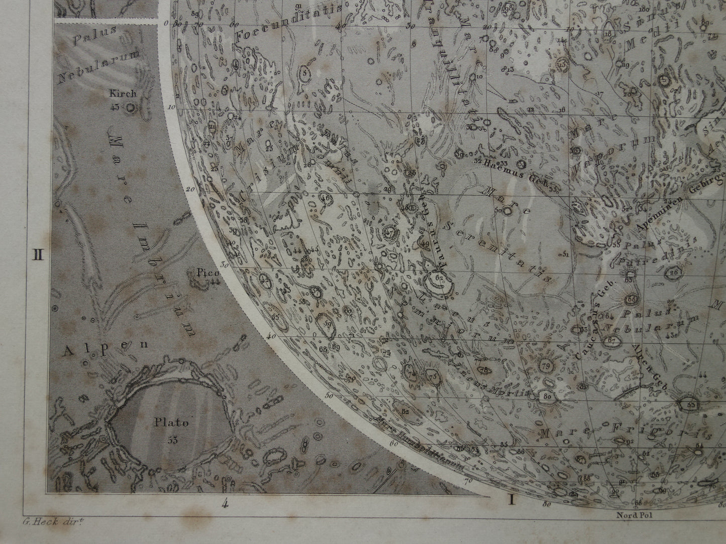 Oude astronomie prent van de maan Originele antieke illustratie maanoppervlak vintage prints
