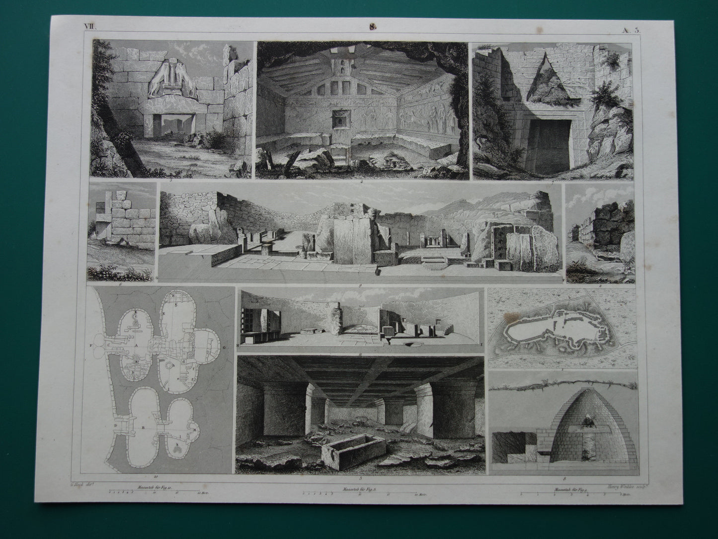Oude architectuur prent over megalithische bouwwerken Originele antieke illustratie megalieten menhir Carnac Silbury Hill vintage print