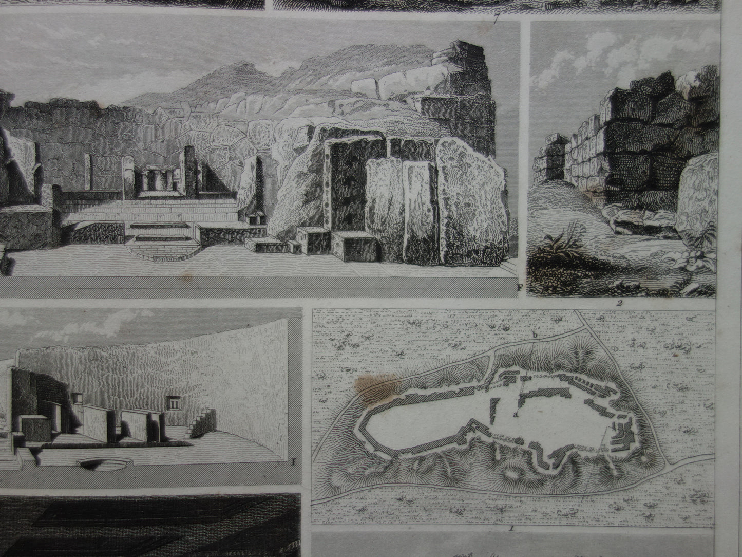 Oude architectuur prent over megalithische bouwwerken Originele antieke illustratie megalieten menhir Carnac Silbury Hill vintage print