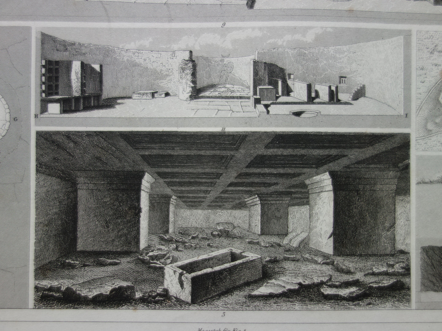 Oude architectuur prent over megalithische bouwwerken Originele antieke illustratie megalieten menhir Carnac Silbury Hill vintage print