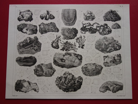 Oude prent over edelstenen en mineralen uit 1849 originele antieke print kristallen kristalstructuren edelsteen vormen vintage illustratie
